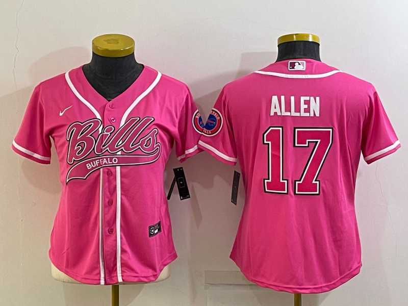 Womens Buffalo Bills #17 Josh Allen Pink With Patch Cool Base Stitched Baseball Jersey